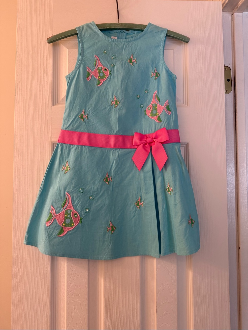 Aqua Fish Appliqué Dress with Pink Bow